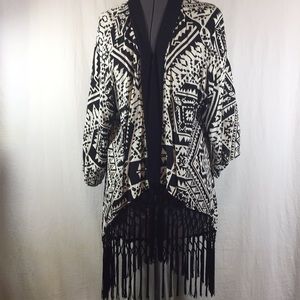 Black & White Geometric Fringe Open Front Kimono Top
